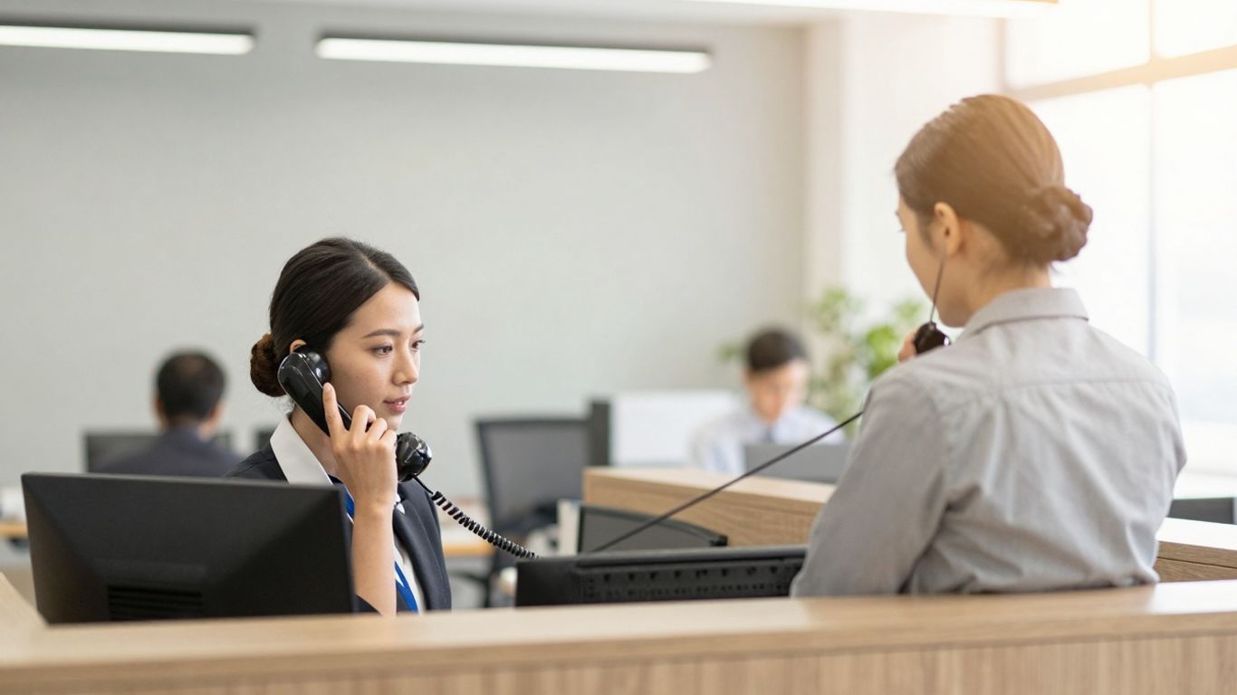 Receptionist on vintage phone in office.