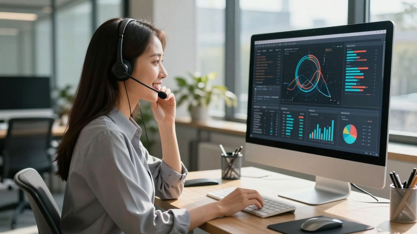 Professional woman with headset, modern office, computer screen.