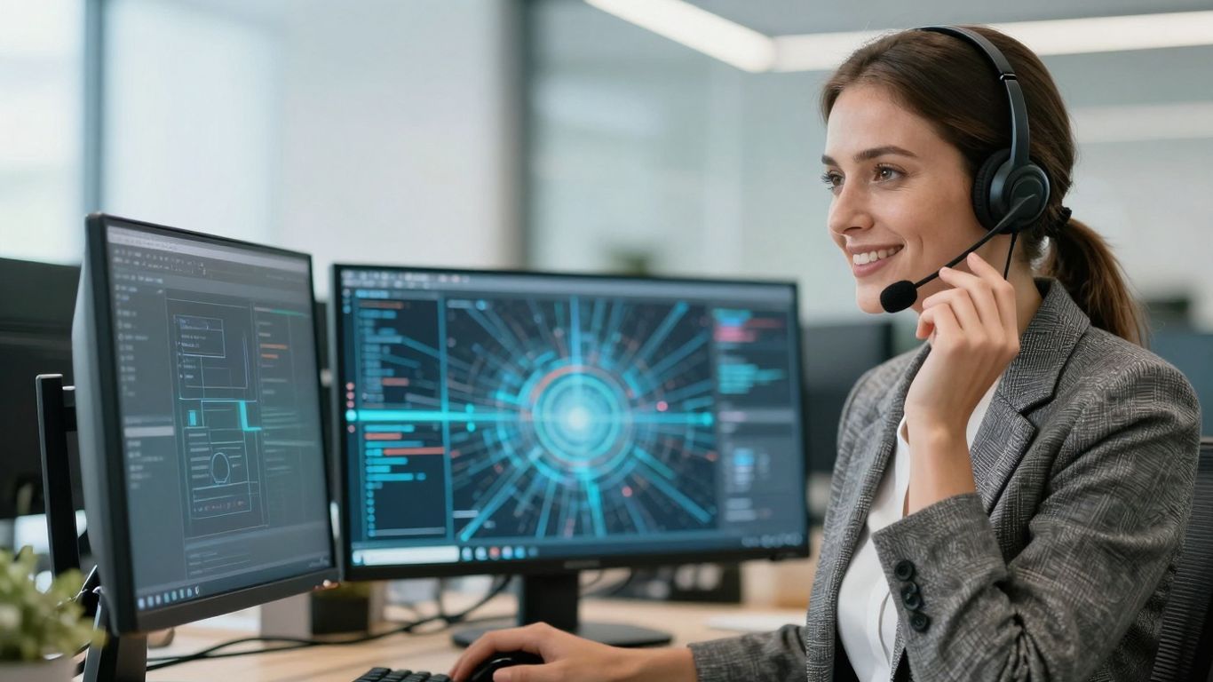 Professional woman with headset, modern office, digital patterns on screen.