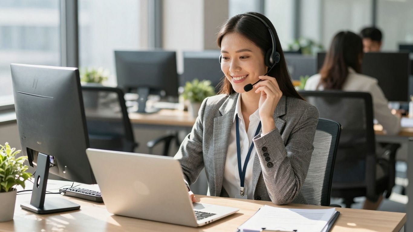 Professional woman on headset in modern office.