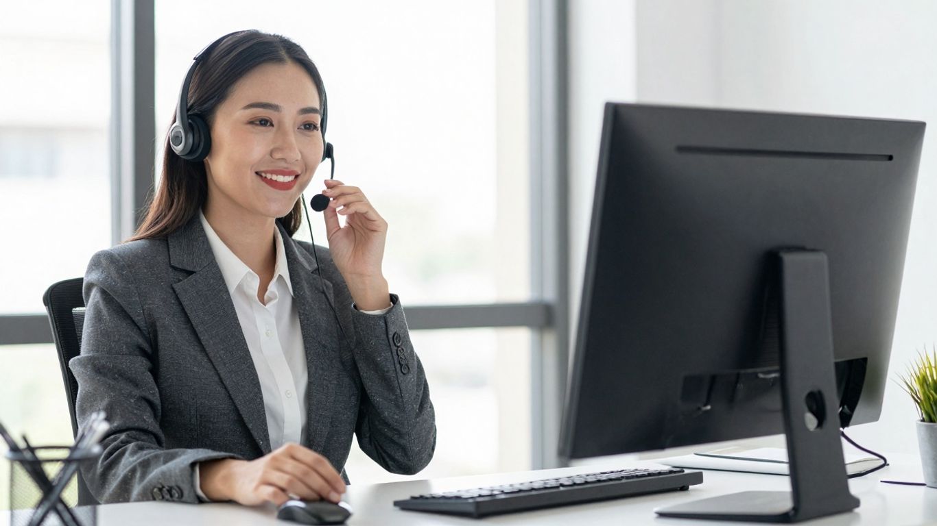 Professional woman with headset, ready to assist.