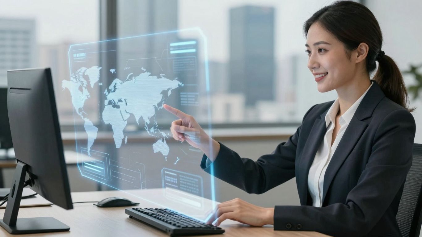 AI phone receptionist interacting with businesswoman in modern office.