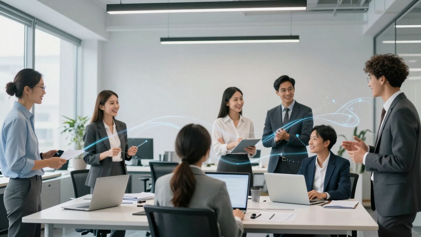 Business professionals collaborating with AI technology.