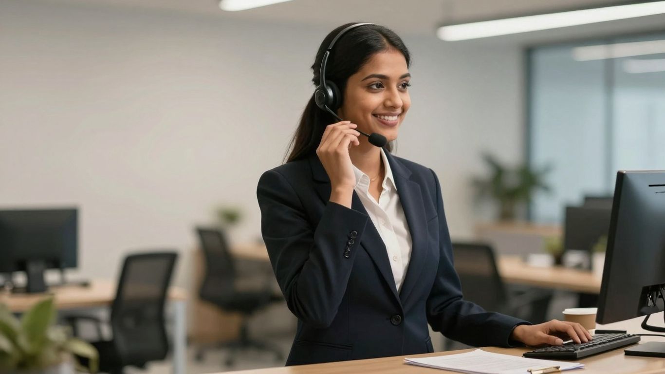 Professional receptionist with headset answering phone.