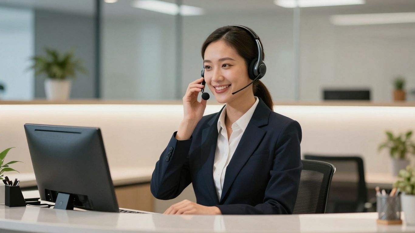 Professional receptionist answering a phone with a headset.