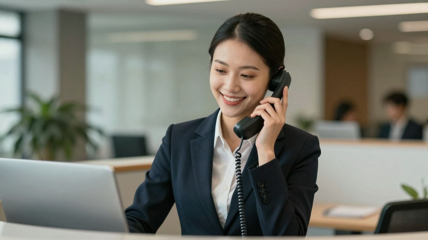 Receptionist answering a business phone call professionally.