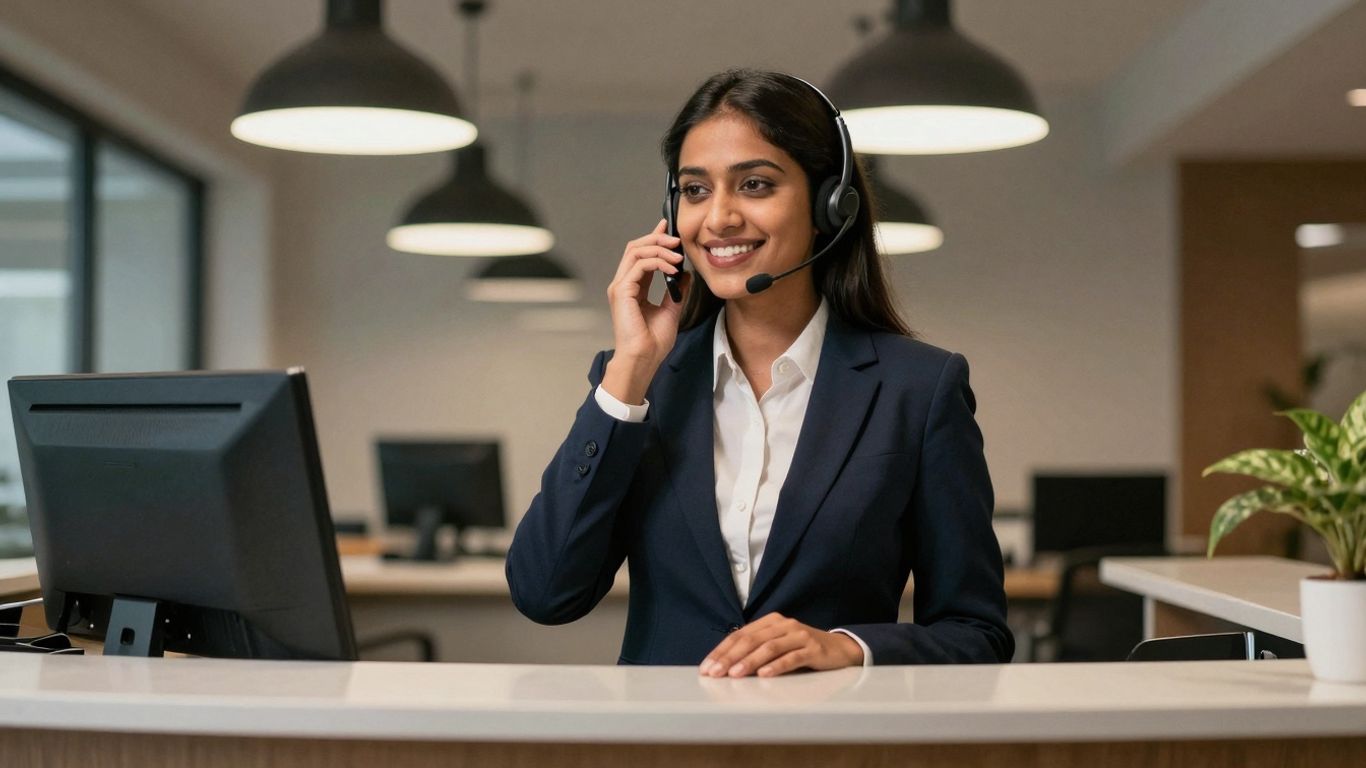 Receptionist answering phone with a smile.