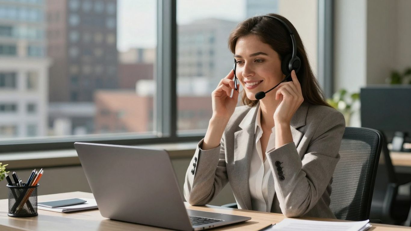 Virtual receptionist in Manitoba office with Winnipeg skyline.