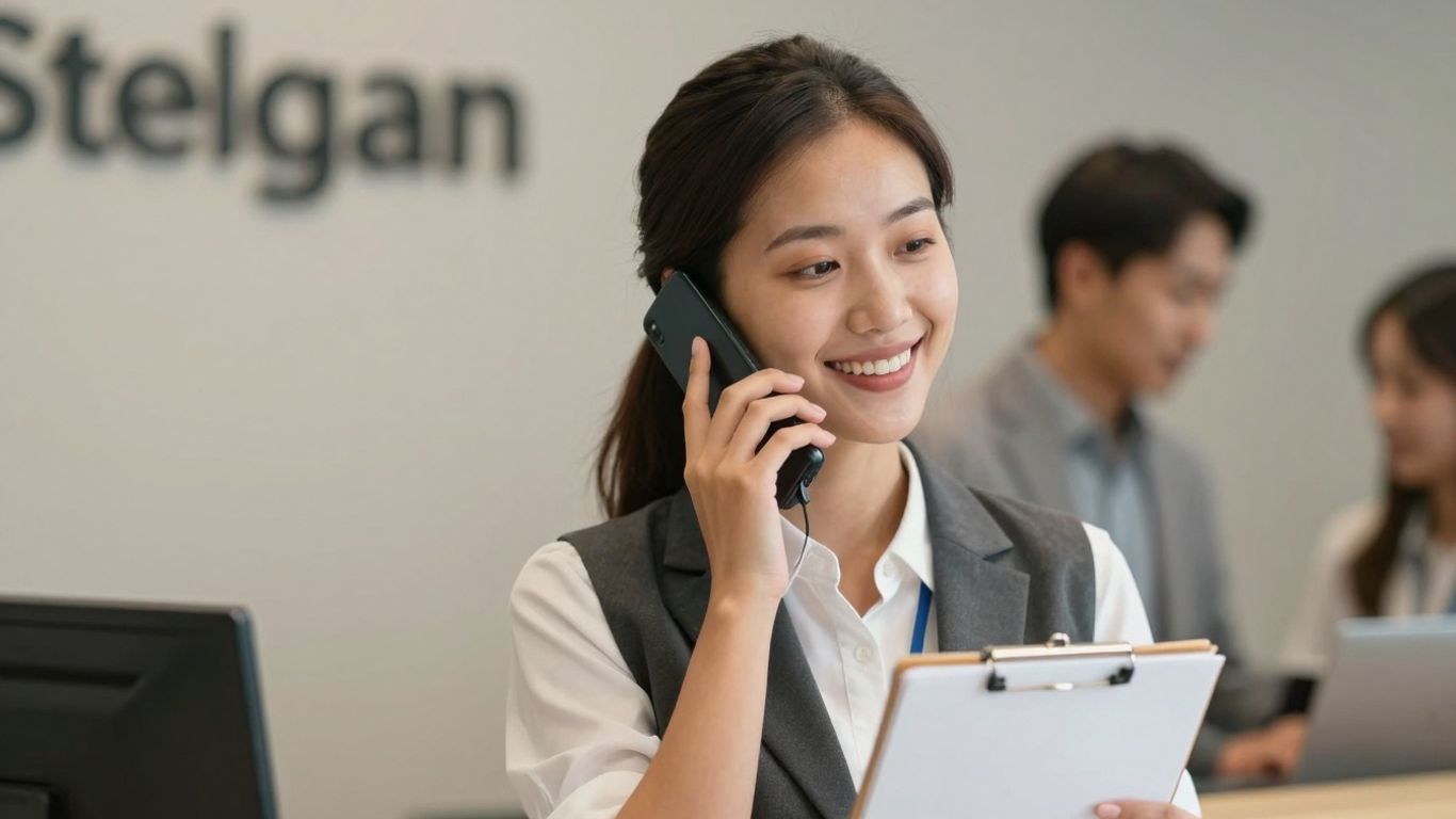 Receptionist answering phone with a smile.