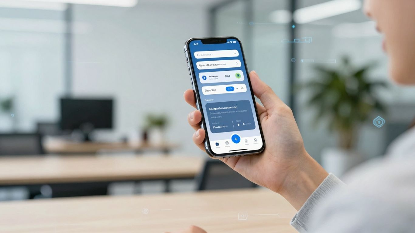 Person using Quo AI phone receptionist app on smartphone.