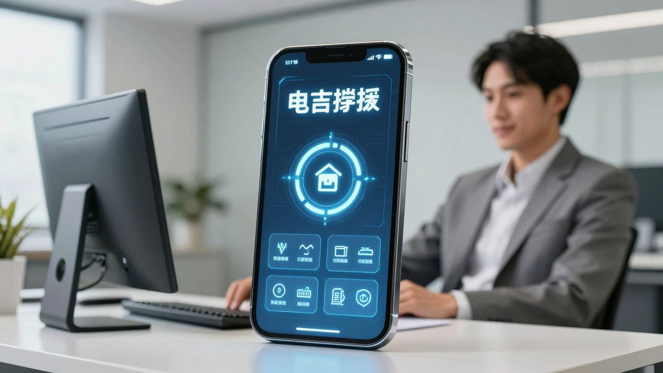AI phone receptionist interface in a modern office.