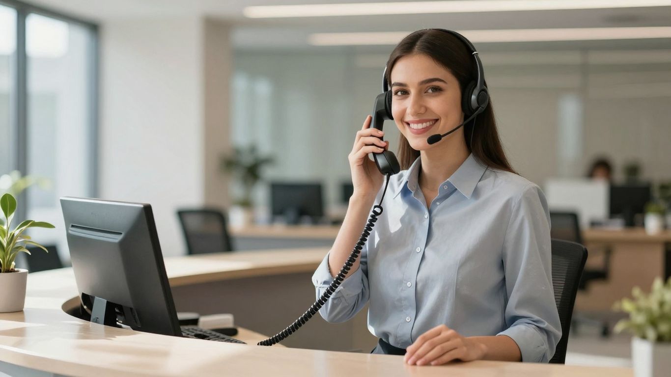 Receptionist smiling with headset and phone.