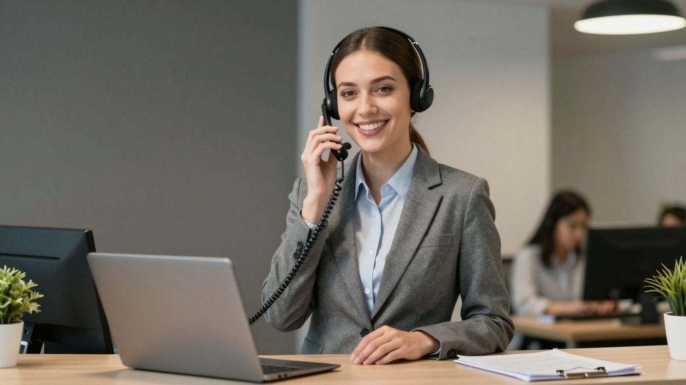 Receptionist with headset answering phone professionally.