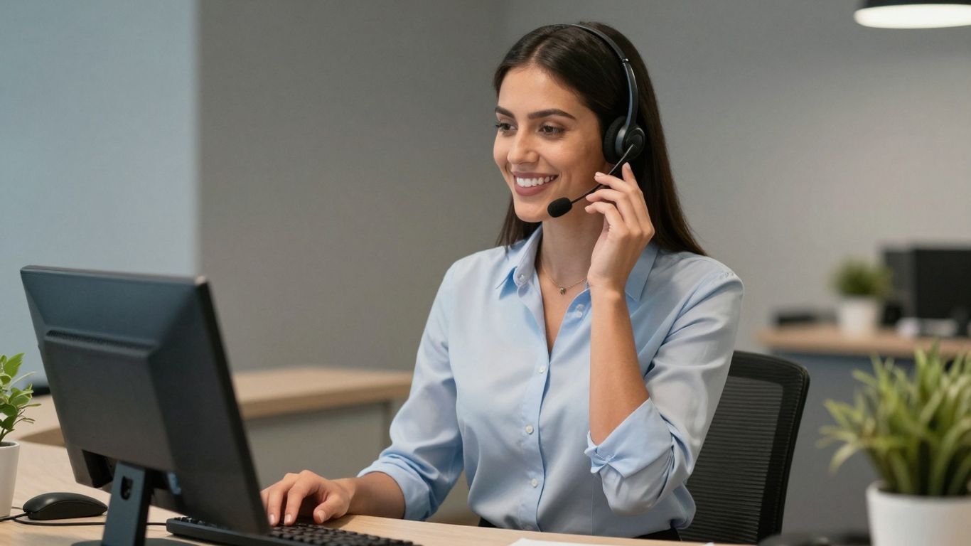Receptionist answering phone with a headset.