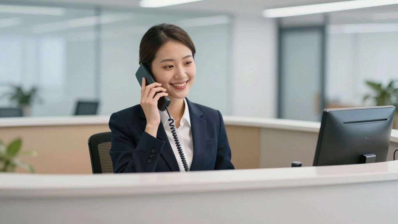 Receptionist answering a phone with a smile.