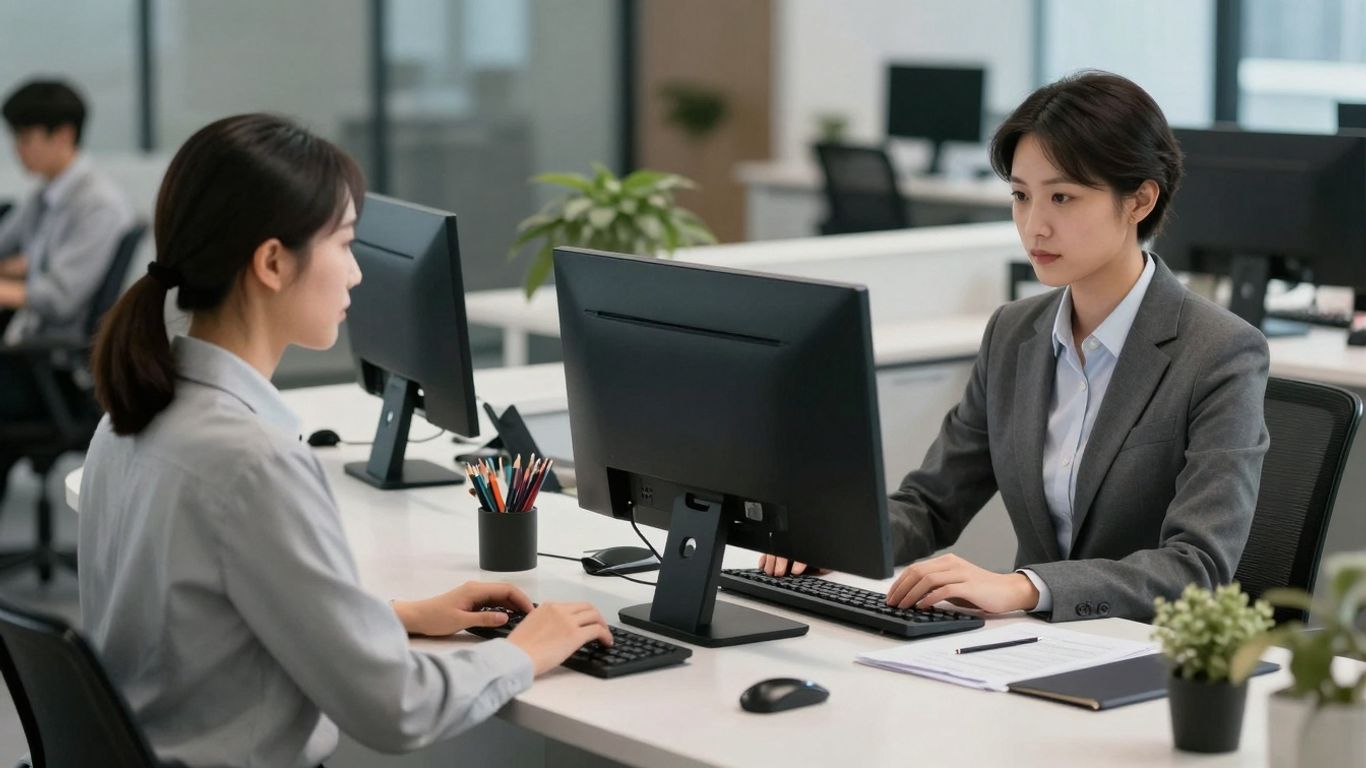Receptionist using a digital attendant console on a computer.