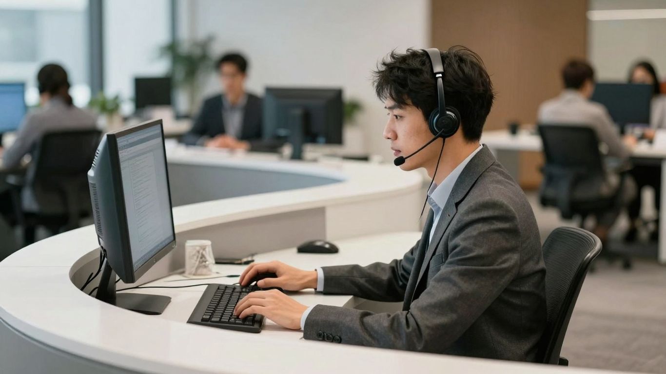 Modern reception desk with person using headset and computer.