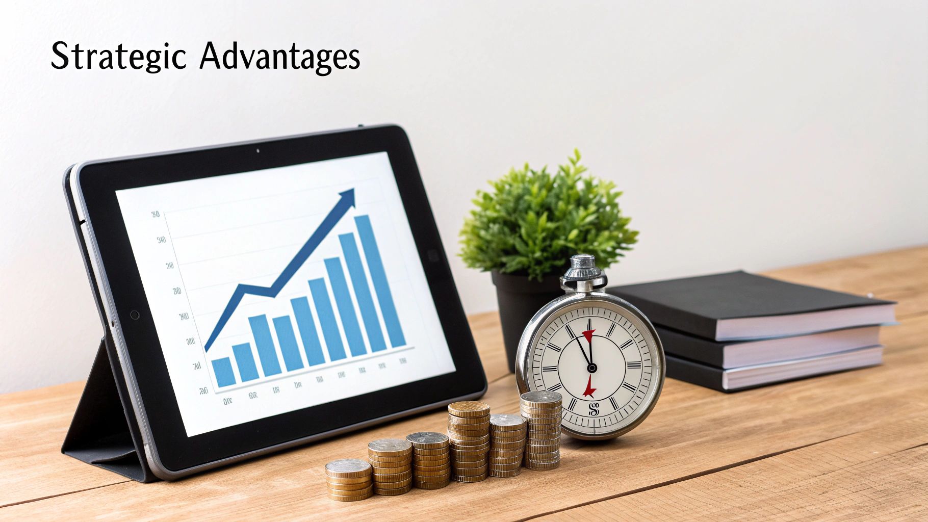 A tablet displays a rising financial graph, with coins and a stopwatch, next to the text 'Strategic Advantages'.