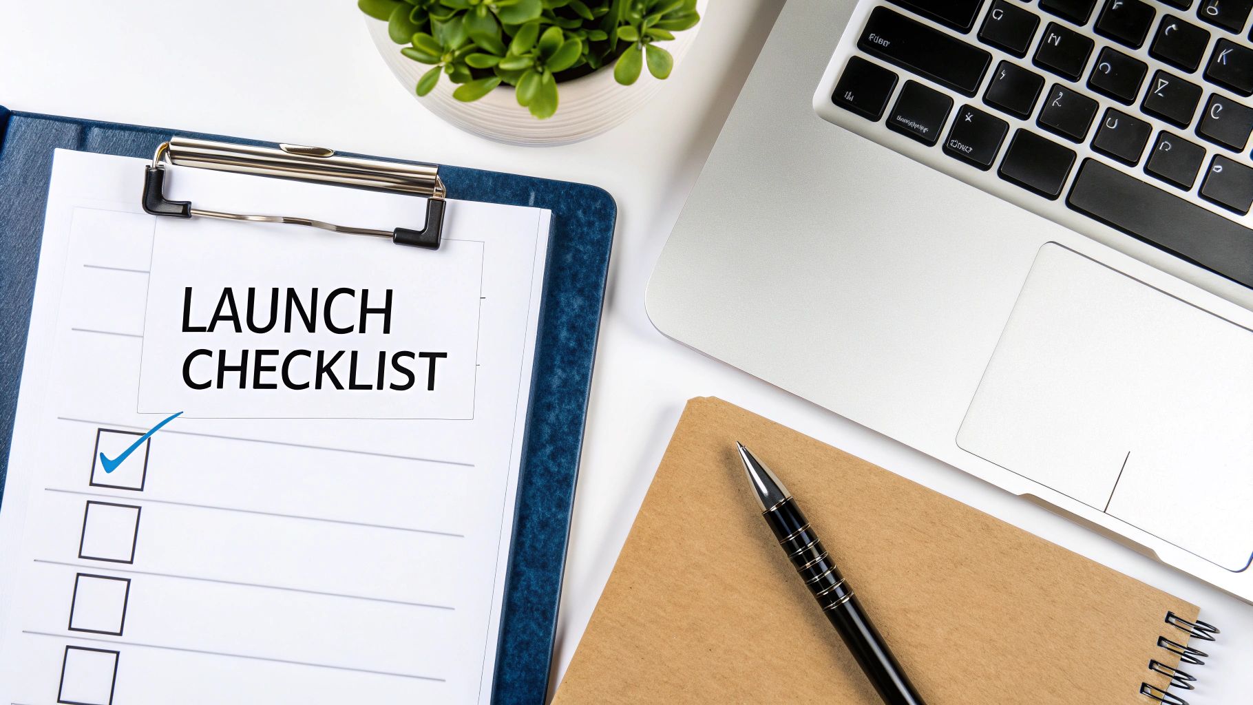 A top-down view of a desk with a 'LAUNCH CHECKLIST' on a clipboard, a laptop, a notebook, and a plant.