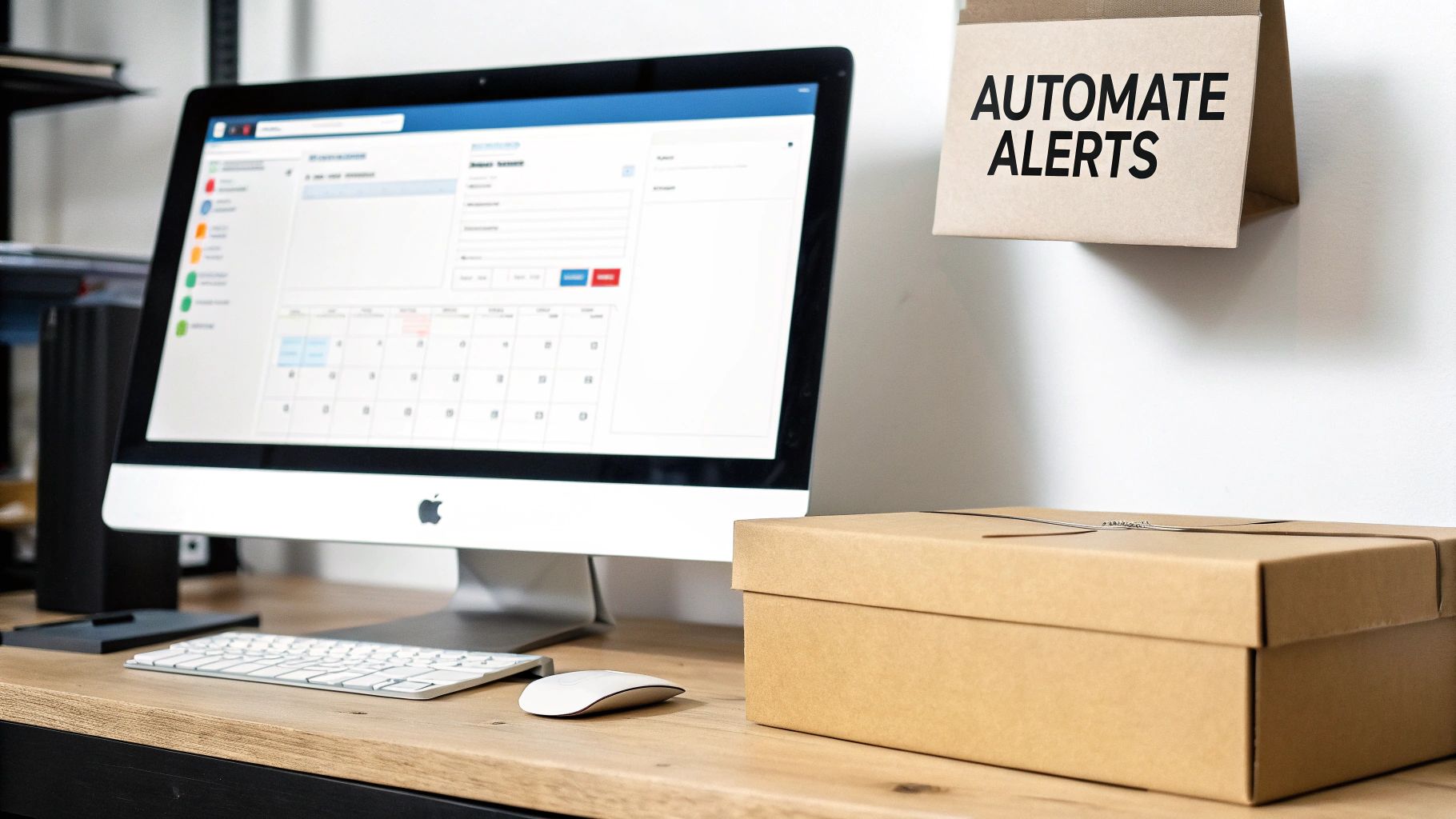 A modern workspace with an iMac displaying a calendar app, keyboard, mouse, and a box.