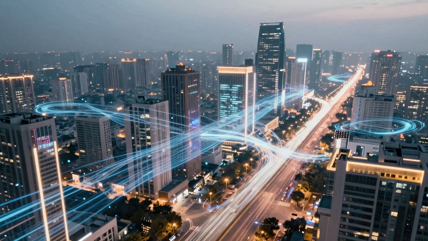 Futuristic cityscape with glowing digital pathways and light trails.