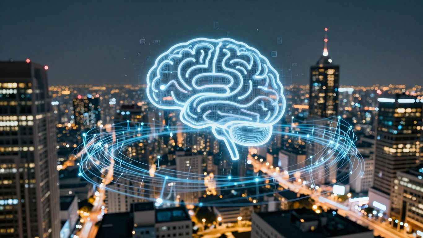 AI connecting business calls in a futuristic city.