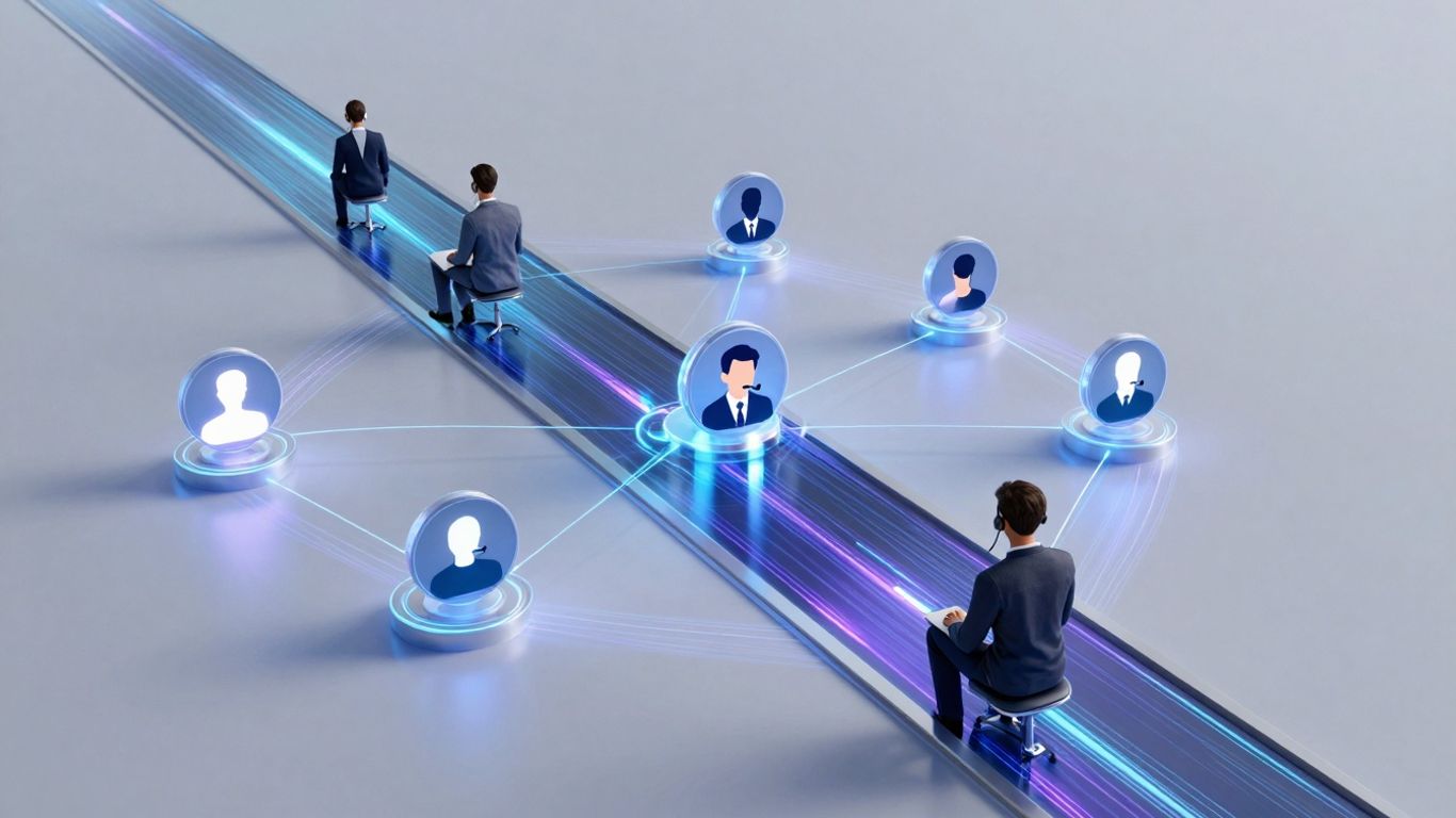 AI optimizing call routing in a futuristic contact center.