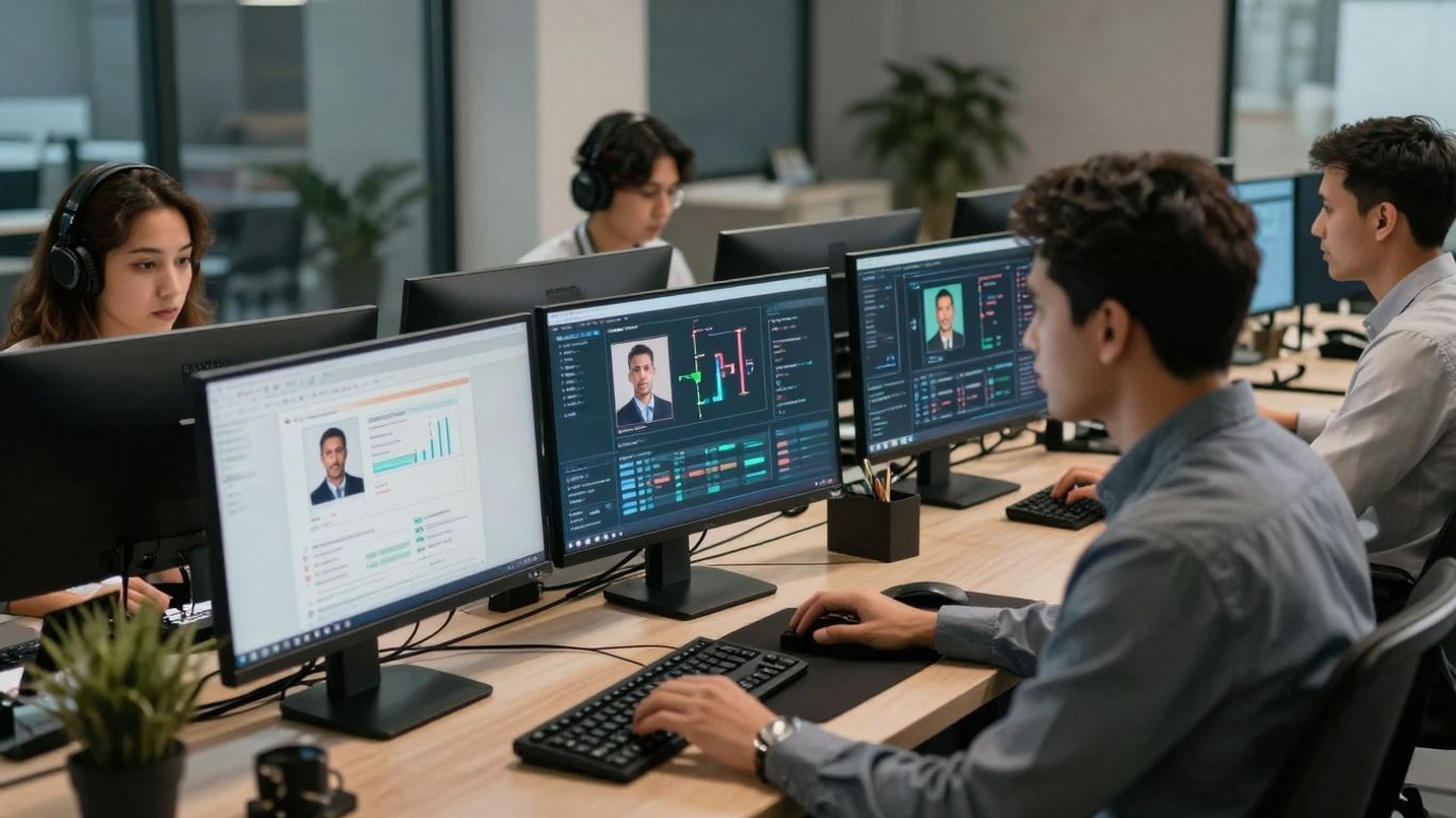 Contact center agents optimizing call routing with technology.