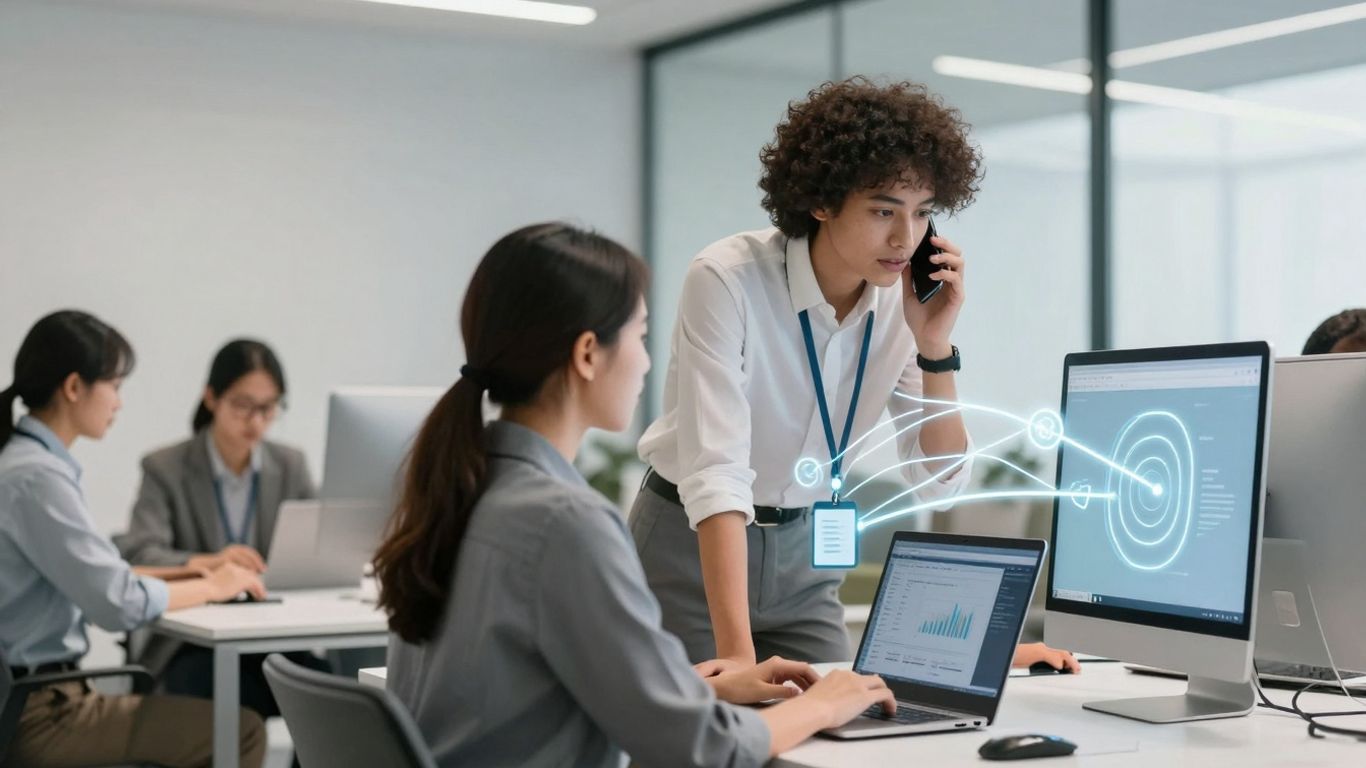 AI call routing connecting people and technology in an office.