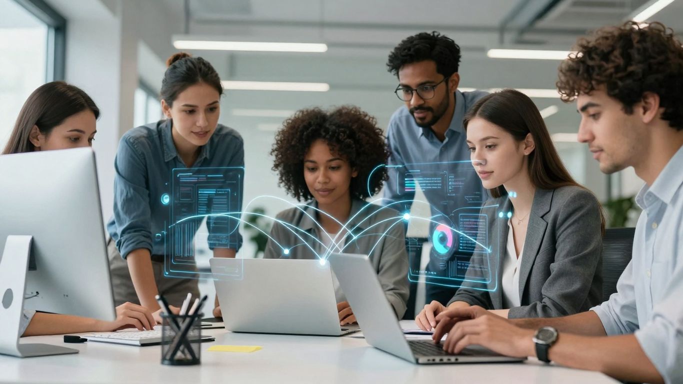 AI call routing improving team efficiency in an office.