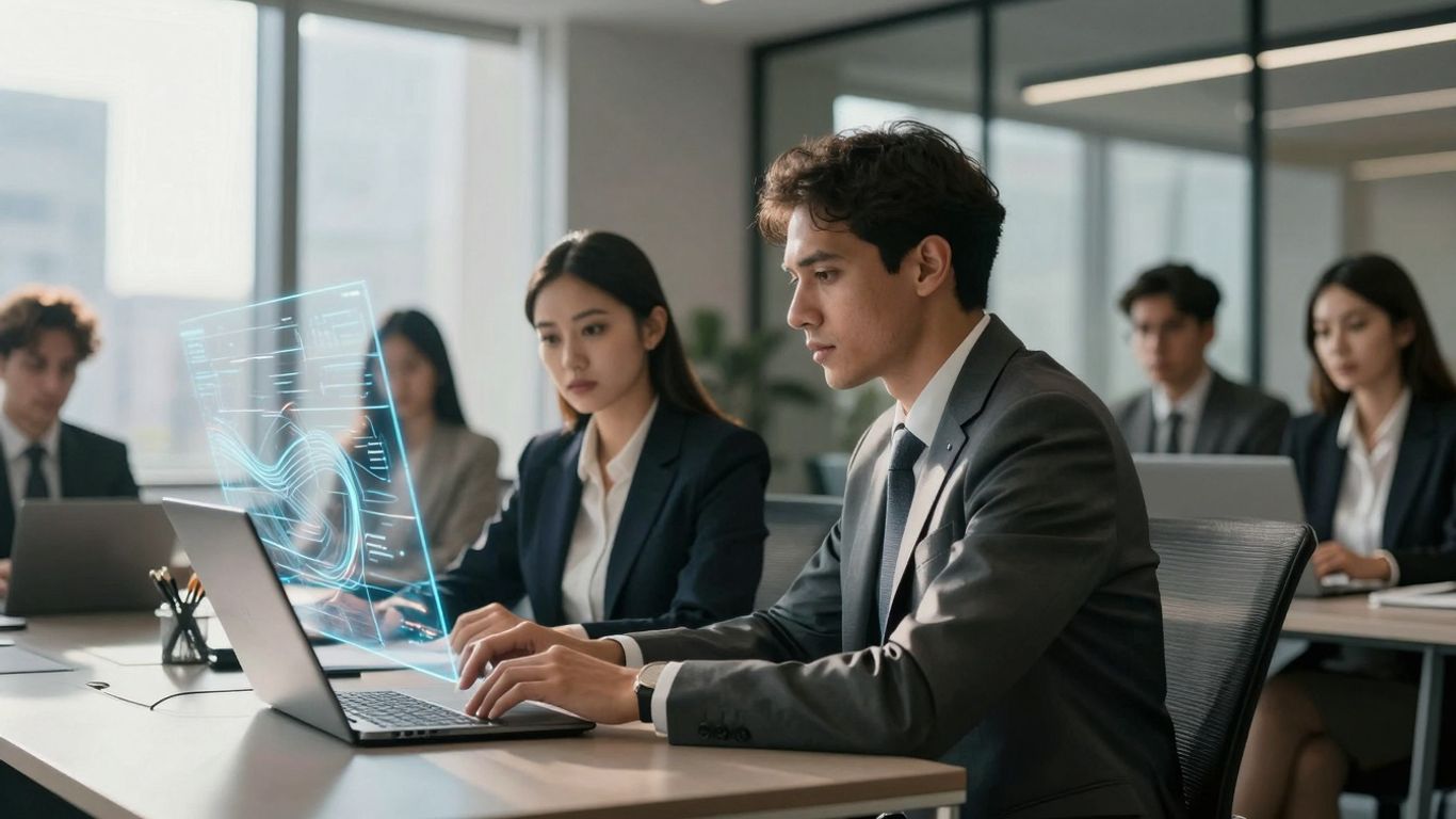 Lawyers using AI for efficient call routing in an office.
