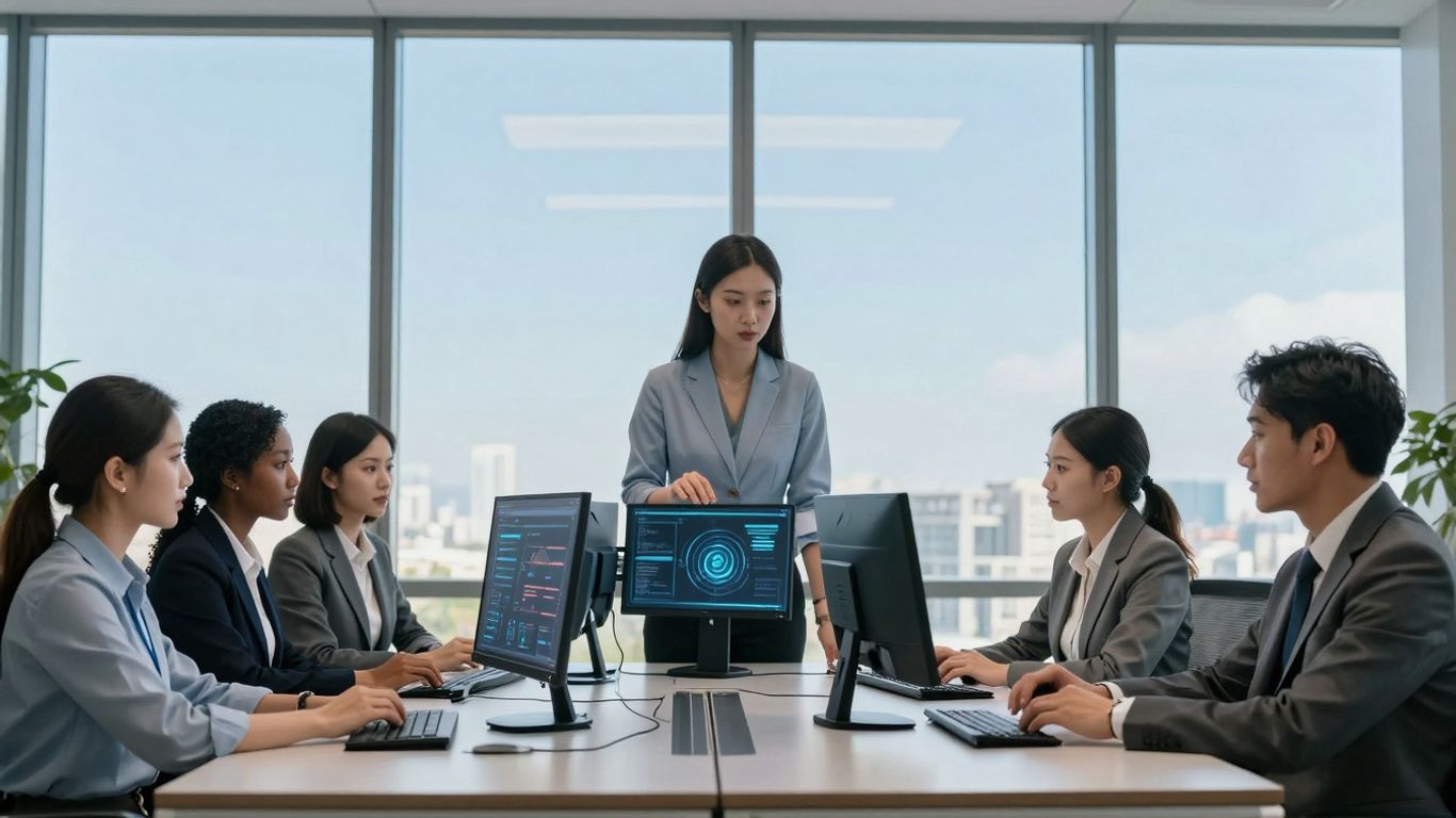 Attorneys collaborating in a modern office with AI technology.