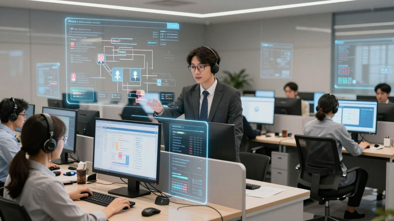 Call center agents using AI for efficient call management.