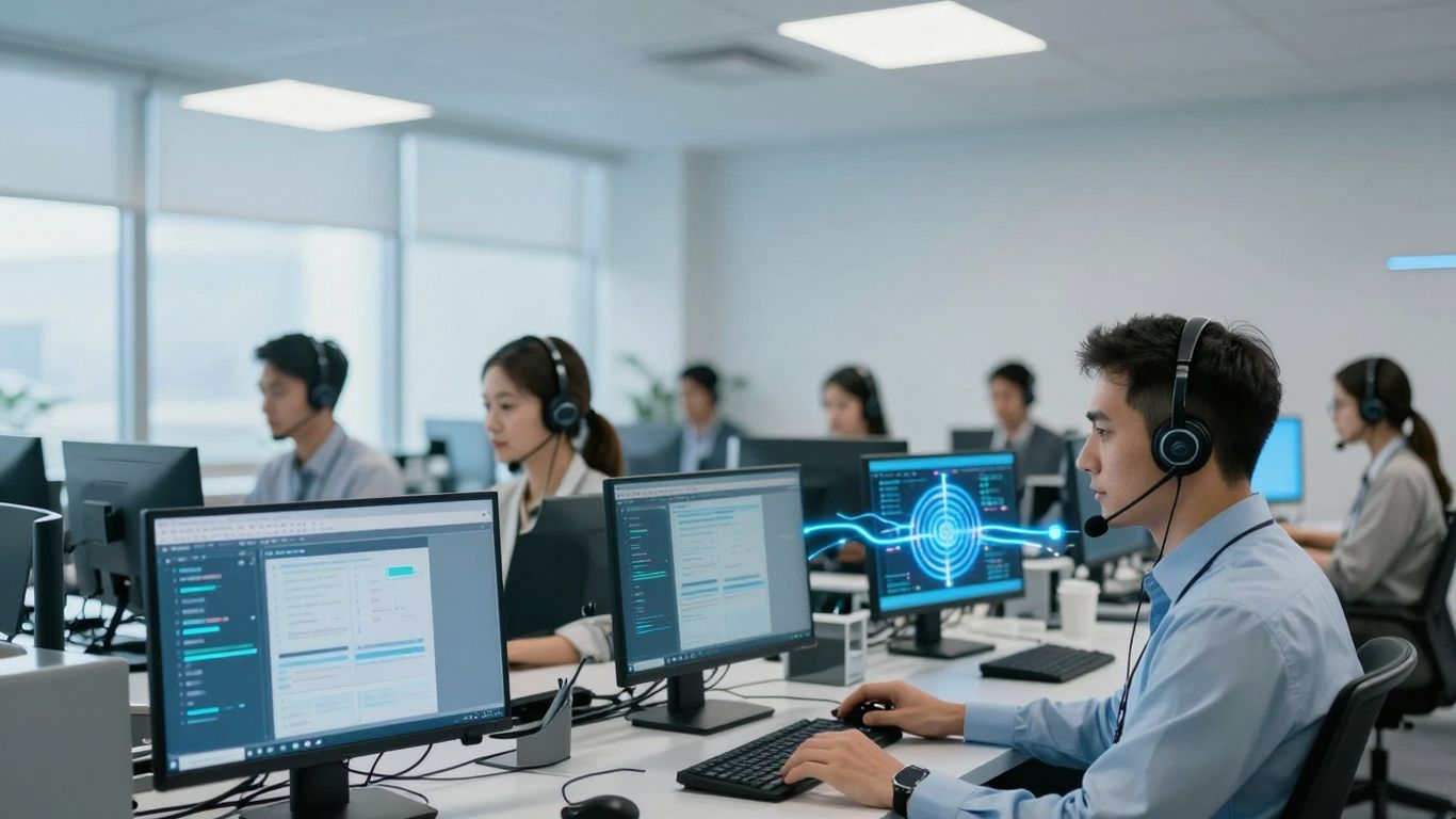 Call center agents using AI for efficient communication.