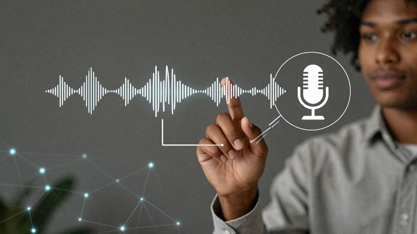 Voice AI call routing diagram with sound waves and network lines.