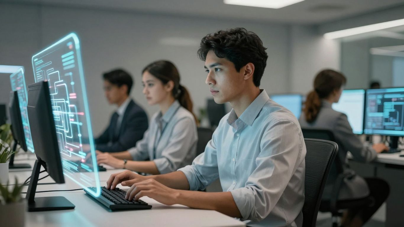 Futuristic call center with AI voice routing technology.