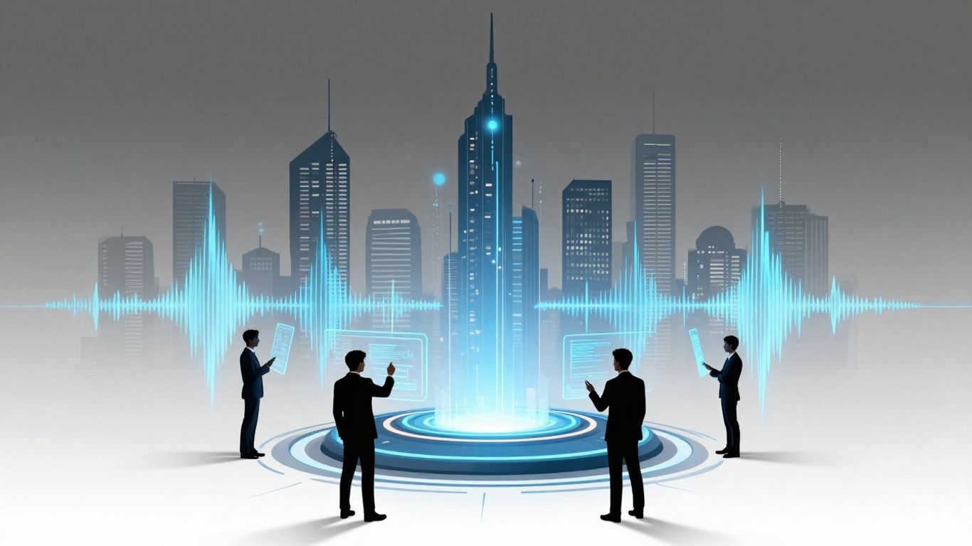 Futuristic cityscape with soundwaves and holographic interfaces.