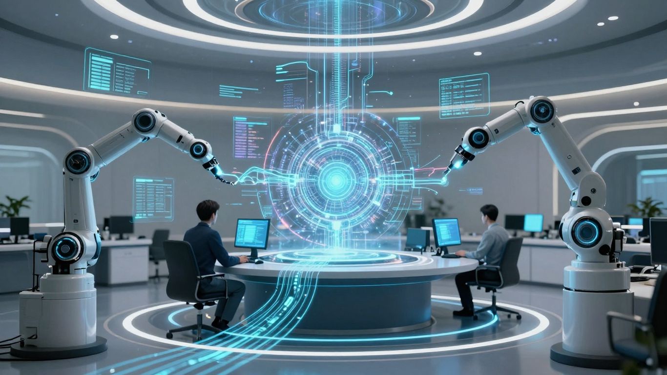 Futuristic AI call center with holographic interfaces and data streams.