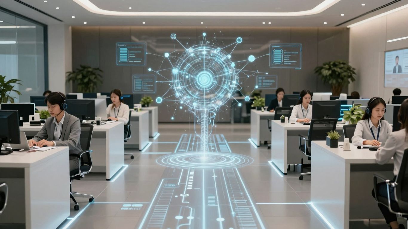 AI routing calls in a futuristic call center.