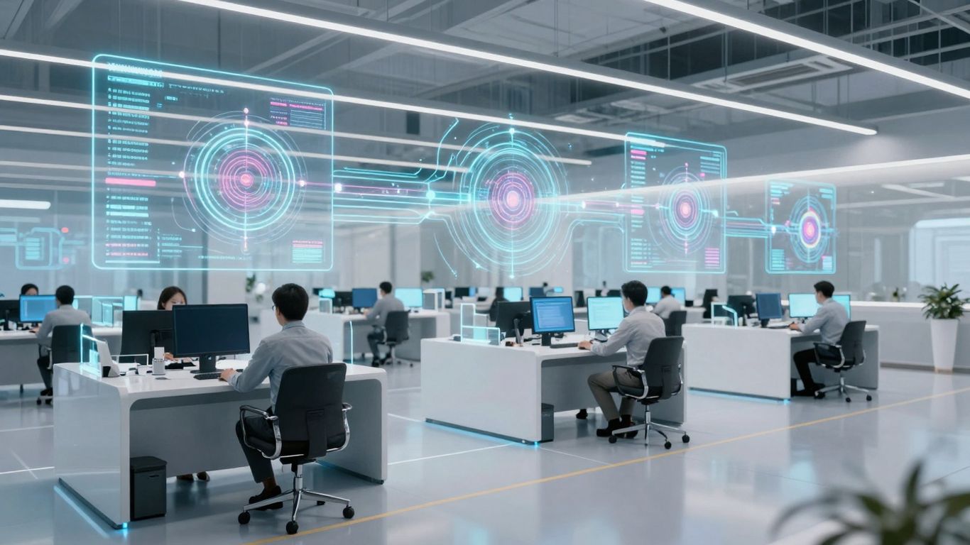AI and machine learning in a futuristic call center.