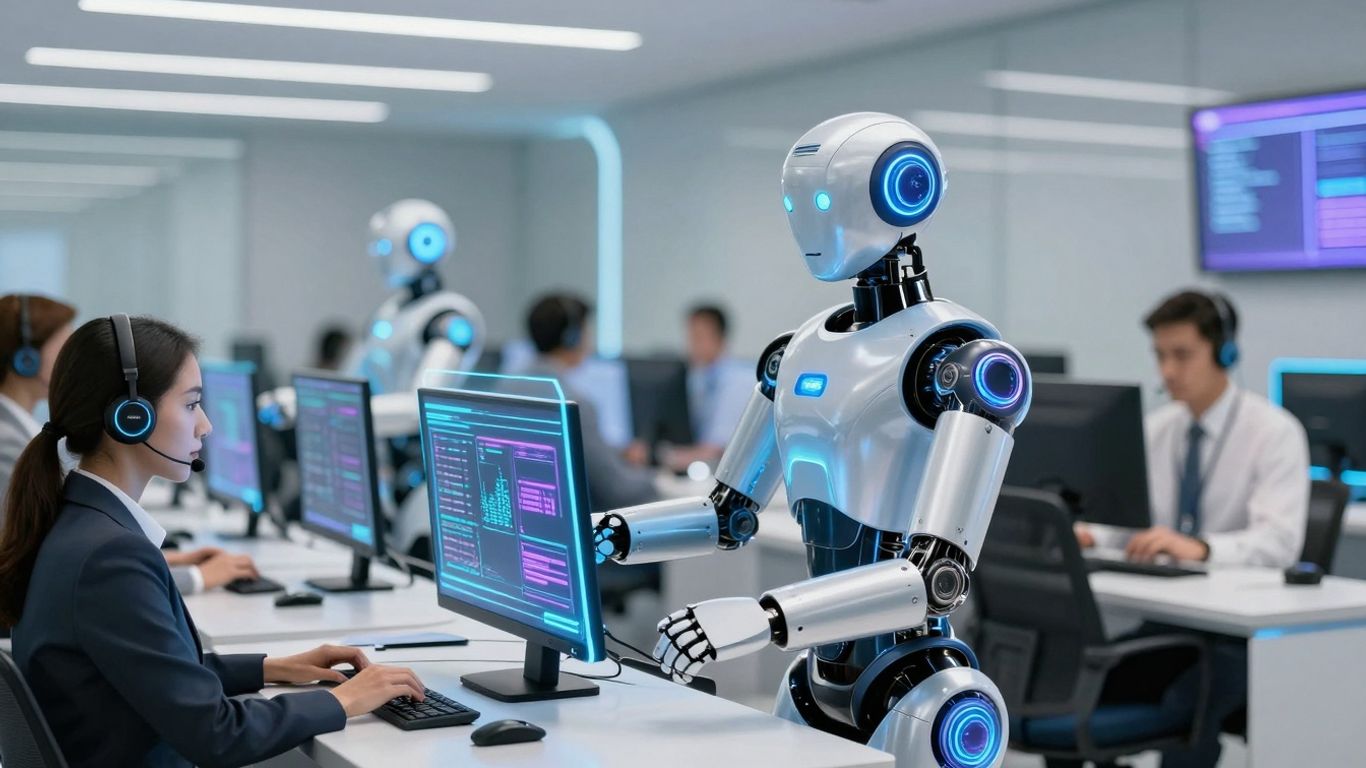 AI call routing in a futuristic call center.