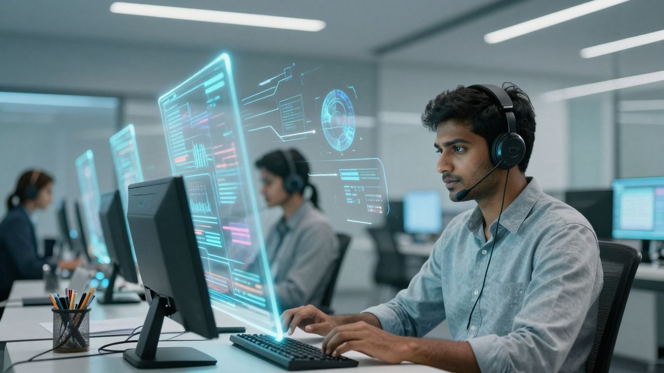 Futuristic call center with AI-powered routing interfaces.