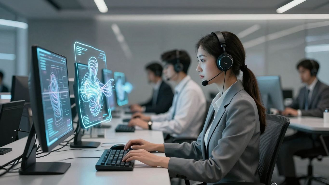 AI assisting call center agents with futuristic interfaces.