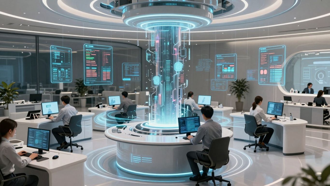 AI call routing technology with glowing interfaces.