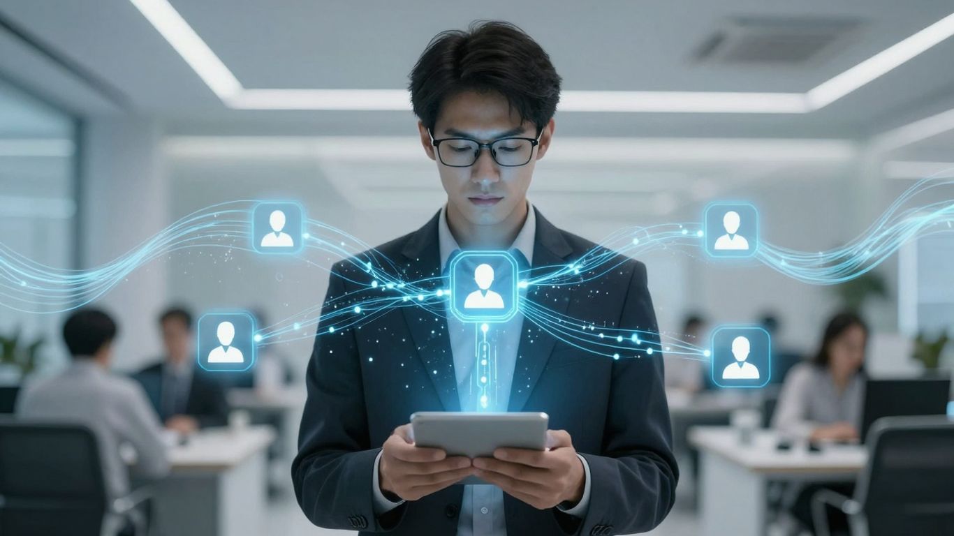 AI call routing system interface with glowing connections.