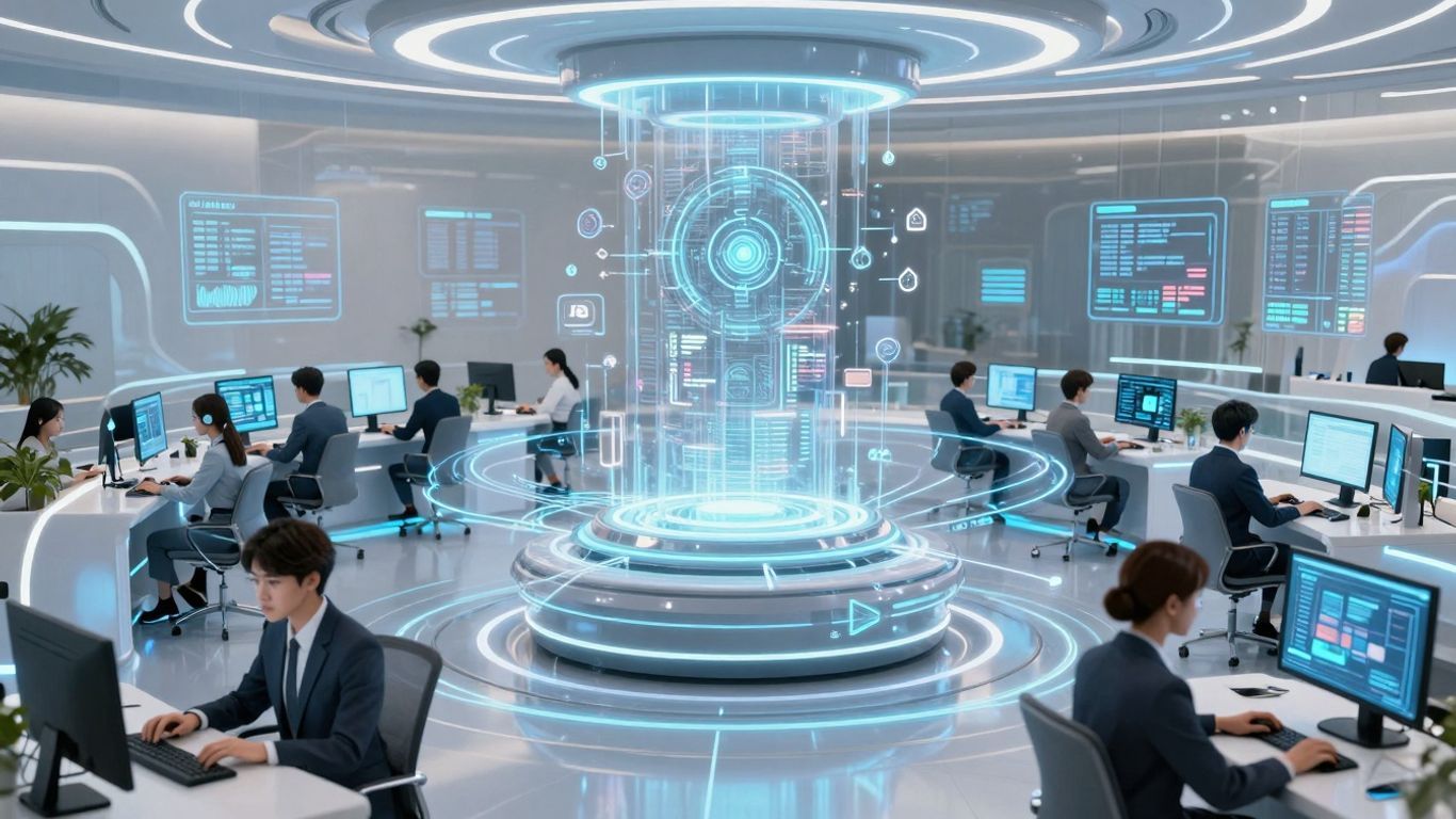 AI call routing system interface with glowing data streams.