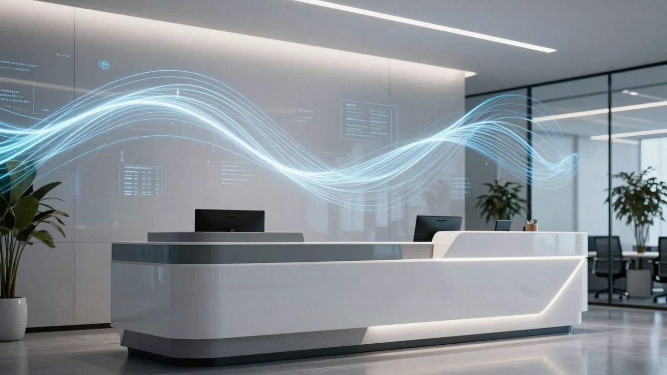 Futuristic AI receptionist interface in a modern office.