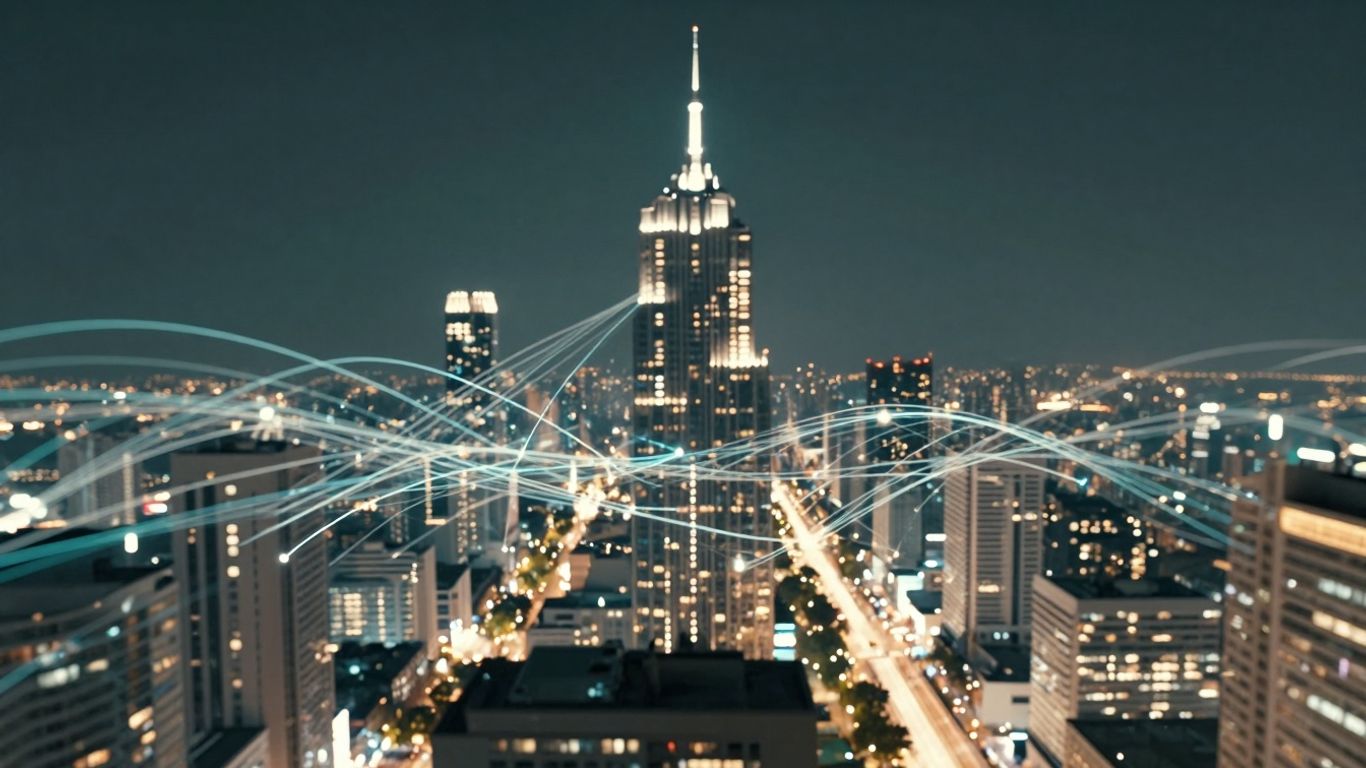 Futuristic cityscape with glowing network connections.