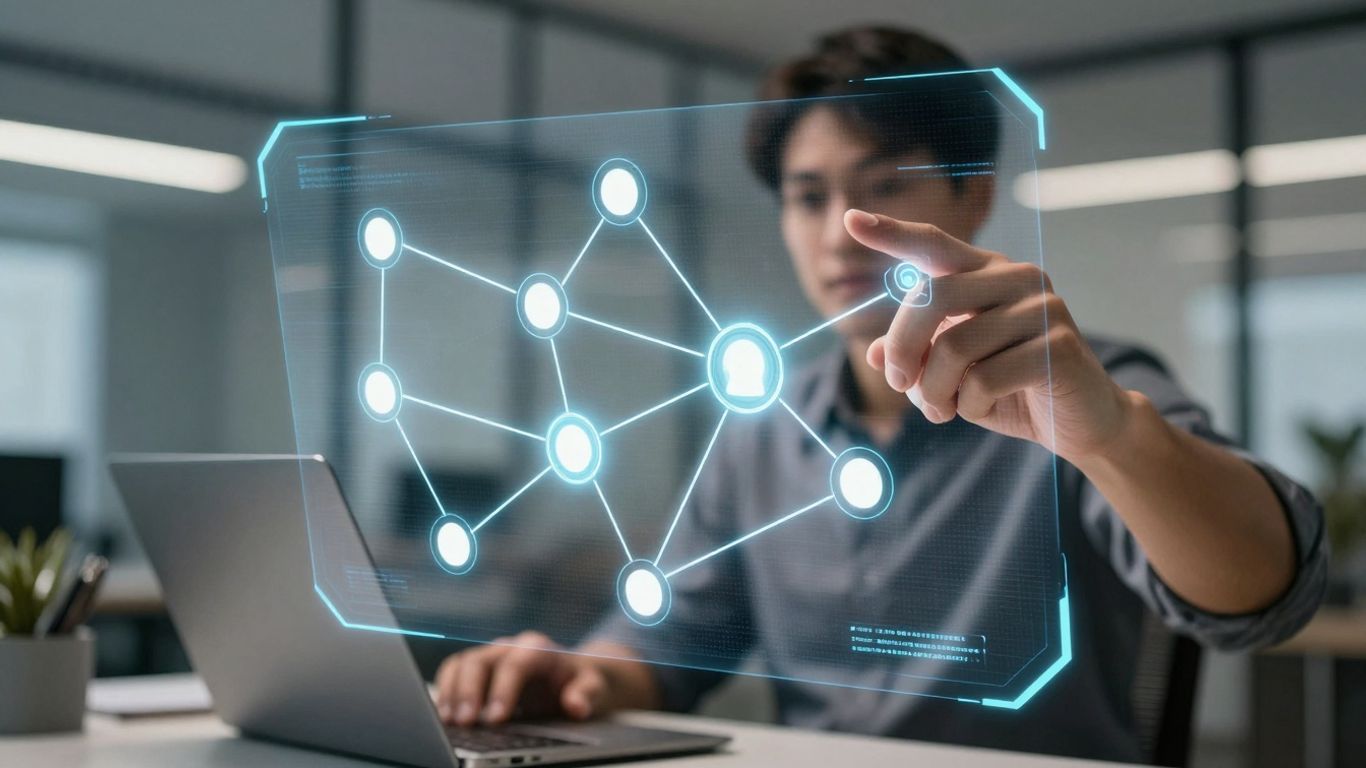 AI call routing software interface with glowing connections.