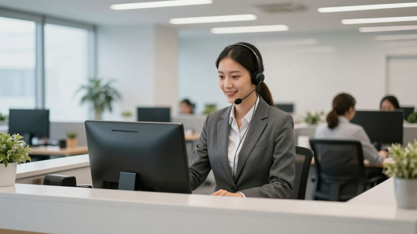 Professional receptionist handling calls with a headset.